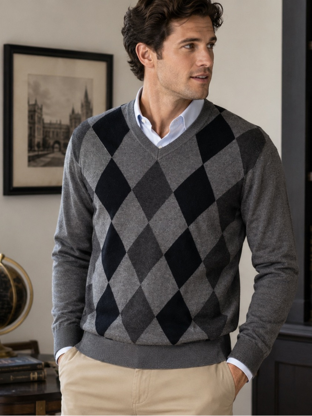 Claiborne Men’s Argyle Sweater Medium Gray Black V Neck Preppy Academia
